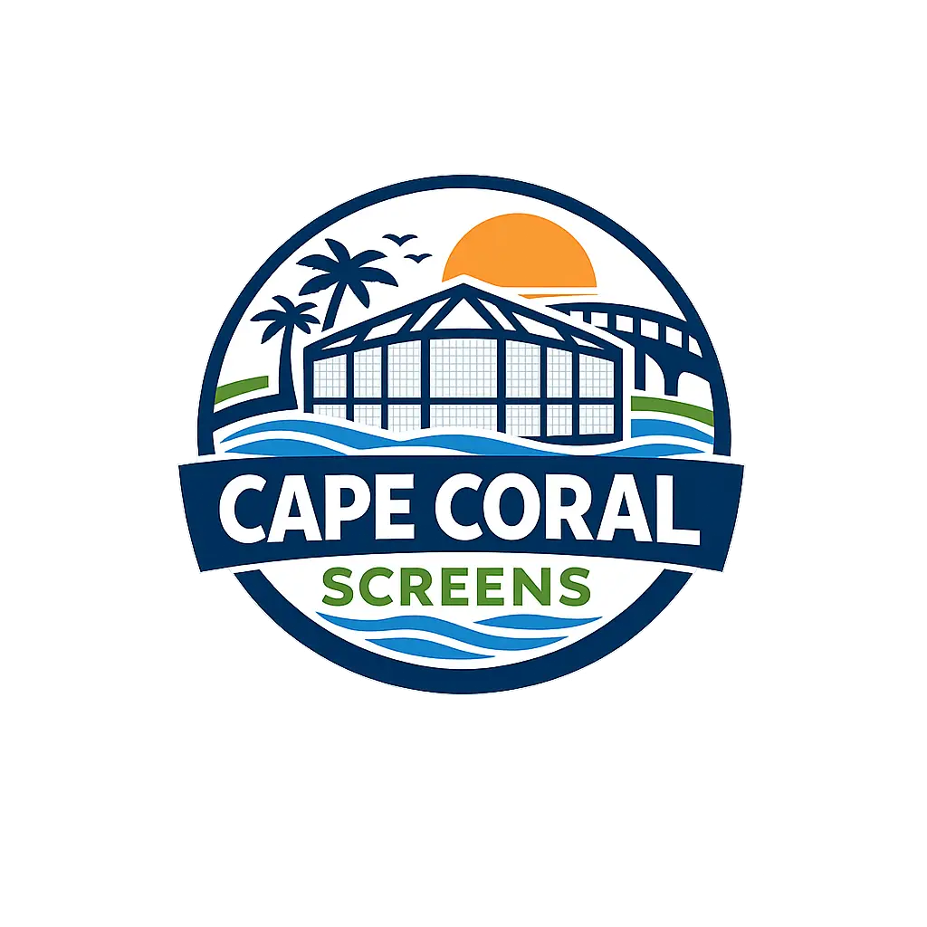 Cape Coral Screens logo featuring a screen enclosure, palm trees, and sunset design in Cape Coral, FL